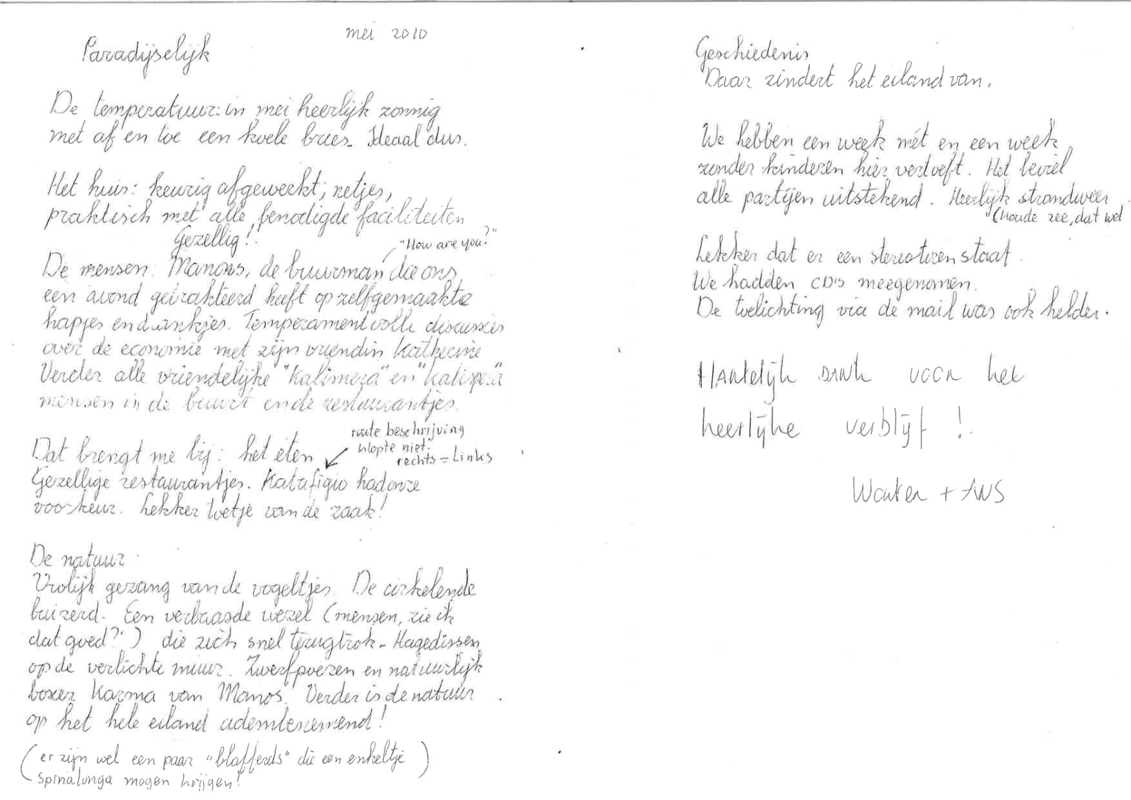 handgeschreven gastenbrief uit mei 2010 van Wouter en Ans